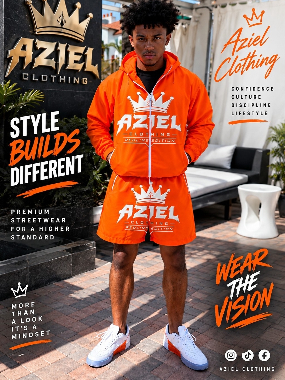 Men's Orange Aziel Logo Short Set